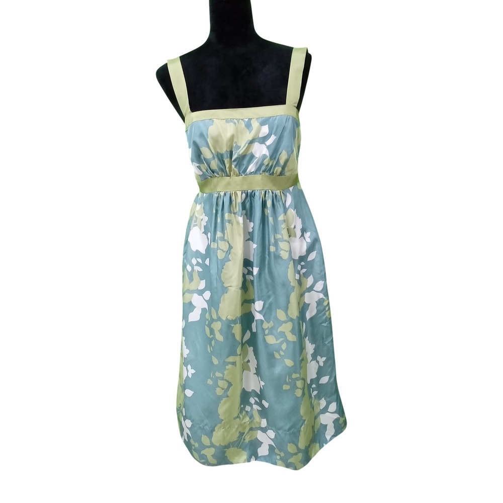 Max Cleo Floral Silk Dress 12 Green Blue White Square Neck Strappy